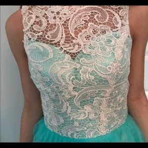 Size 8 white lace and teal dress.